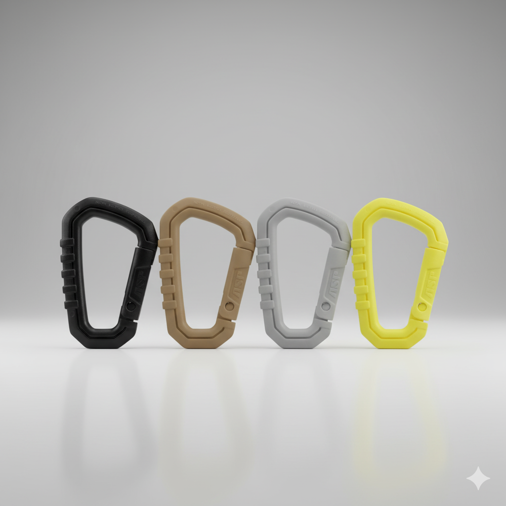 Four keychain carabiners in black, brown, gray, and yellow on a light gray background.