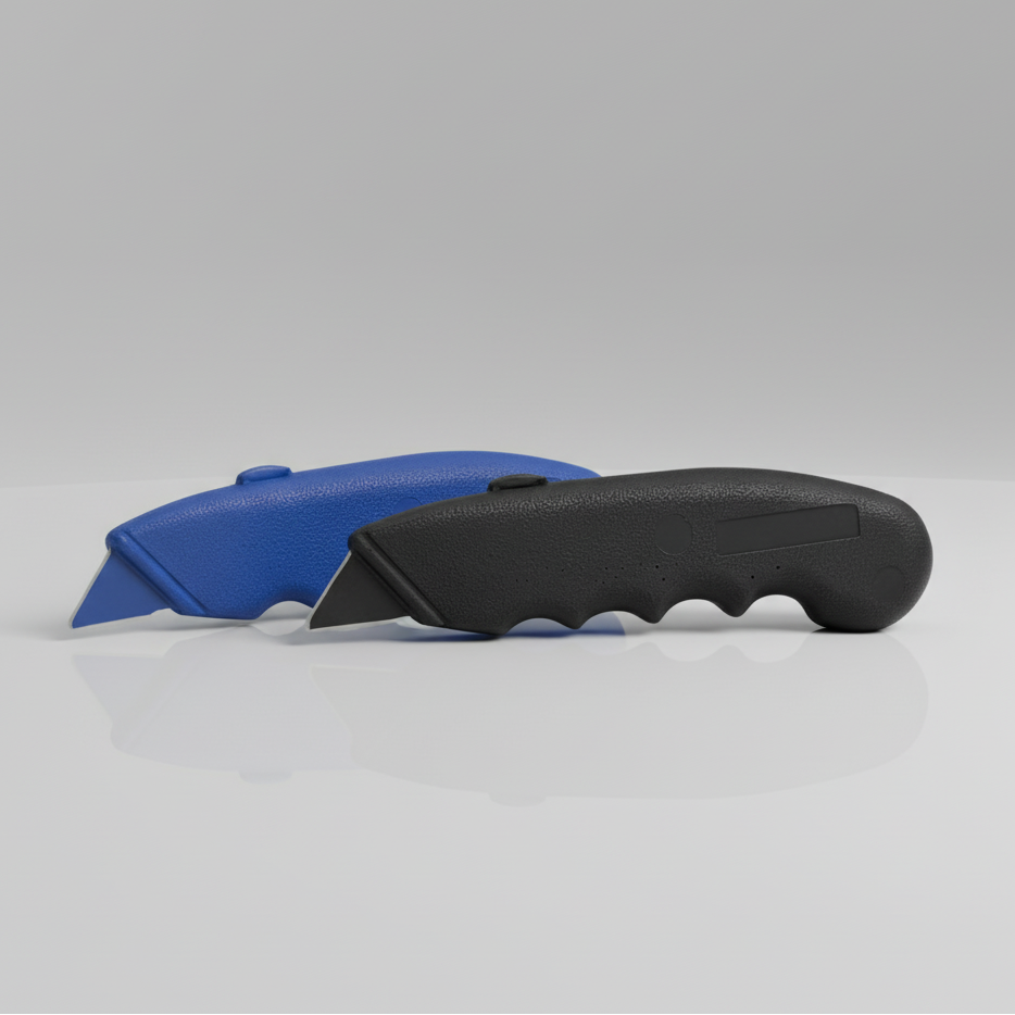 Black and blue plastic stanley knives on a gray background