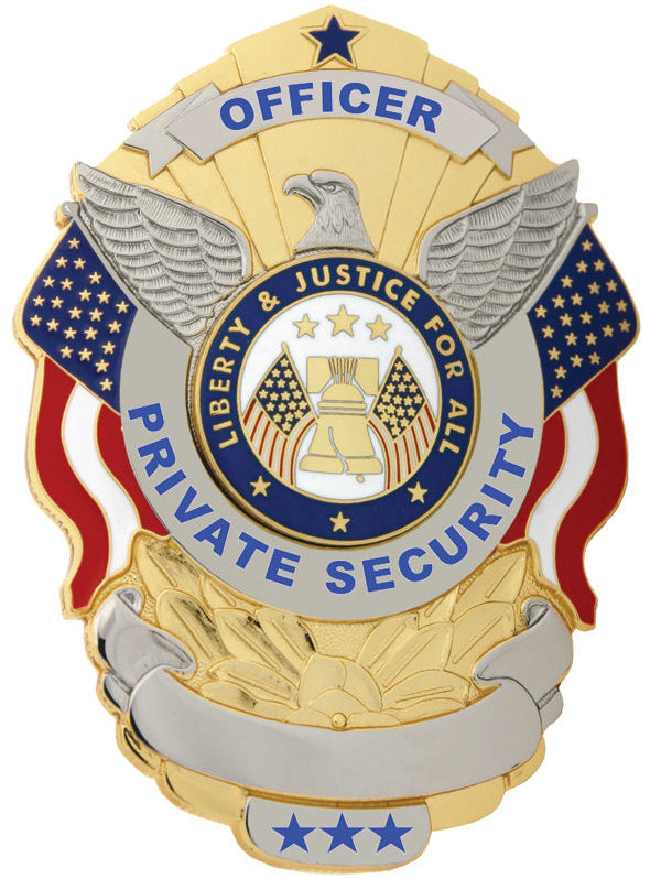 Private security officer badge with eagle, American flag, and text on a white background. WCUniforms Private Security Officer Badge, Eagle Over Flags Shield, BA12