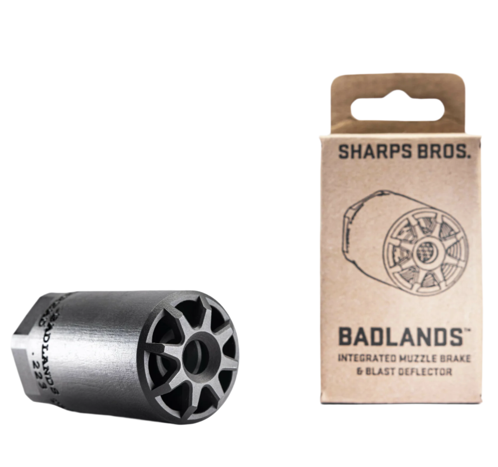 Sharps Bros Badlands integrated muzzle brake and blast deflector with packaging, made from 17-4 stainless for high durability.