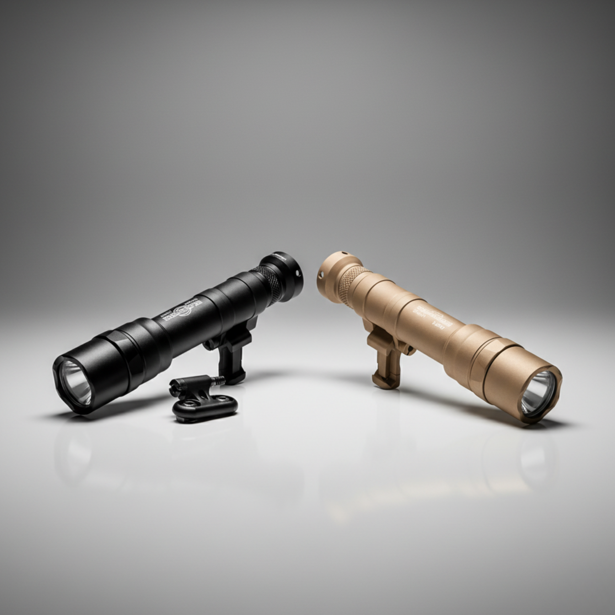 Two flashlights, one black and one beige, on a gray background