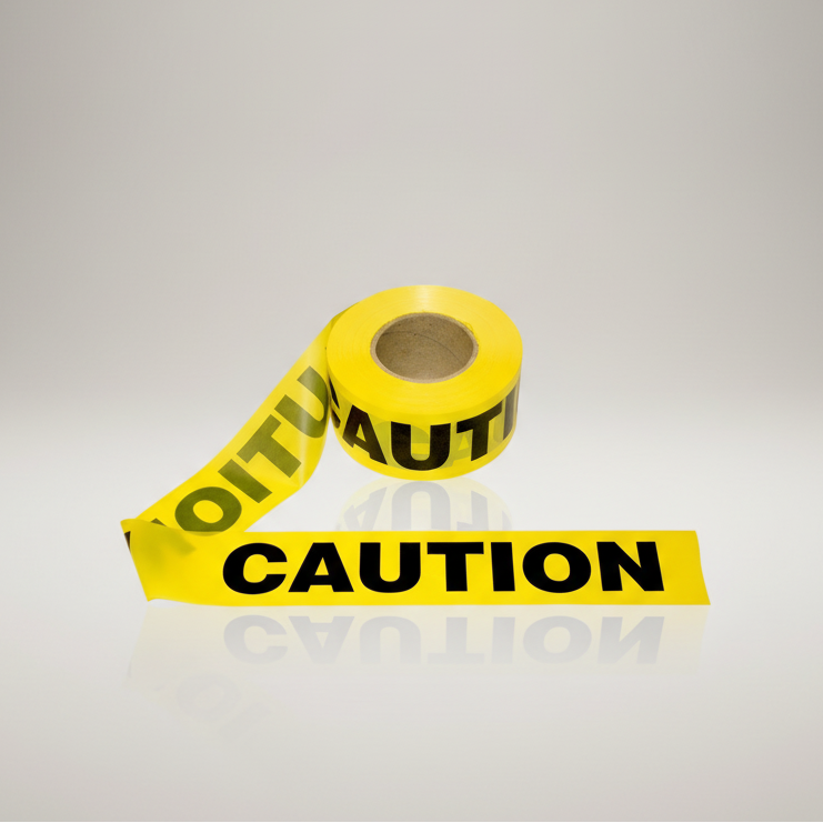Roll of yellow caution tape with black text on a gray background