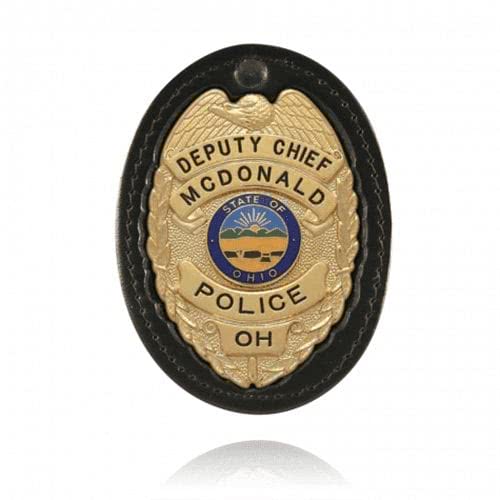 Boston Leather Oval Recessed Badge Holder with Clip and Chain