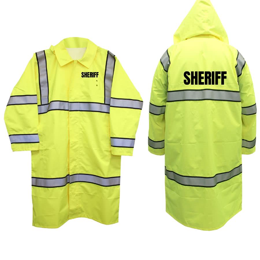 High-Visibility SHERIFF Long Raincoat with Reflective Stripes - Clothing & Accessories