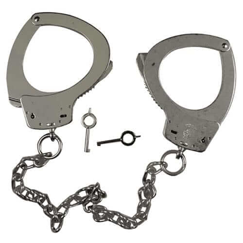 Stainless steel handcuffs with a key, designed for secure detention and law enforcement use.