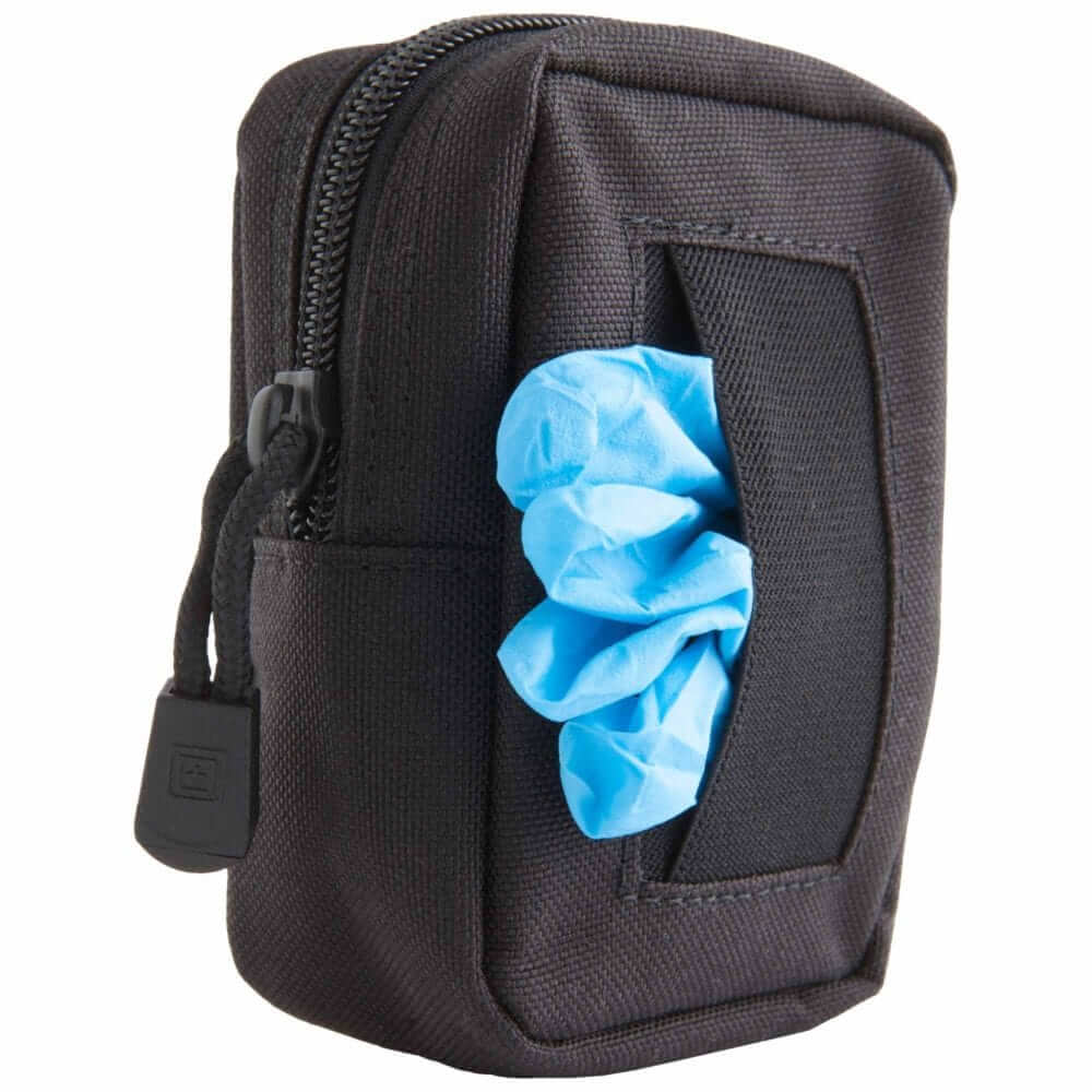 Compact black pouch with zipper and blue gloves peeking out, perfect for organizing small essentials.