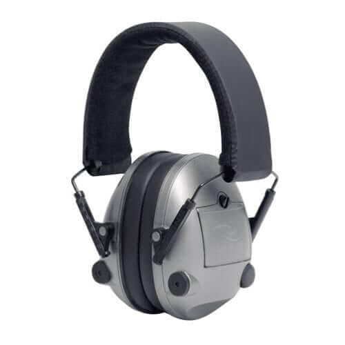 High-quality silver hearing protection earmuffs designed for shooting safety and comfort.