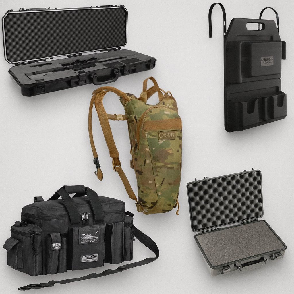 Collection of tactical bags and cases including backpacks, duffel bags, and protective cases for gear storage.