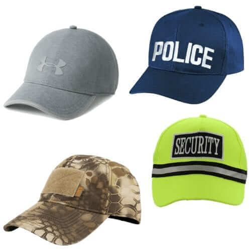 Four stylish ball caps featuring Under Armour, police, camo, and neon security designs for various needs and styles.