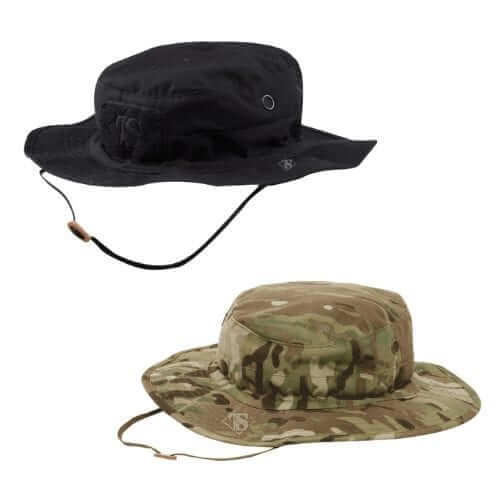 Two boonie hats in black and camouflage patterns, ideal for outdoor activities and sun protection.
