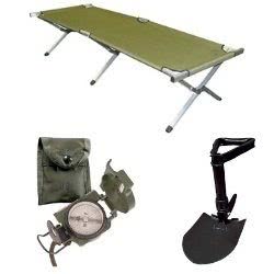 Camping gear set including a foldable bed, compass, shovel, and utility pouch for outdoor adventures.