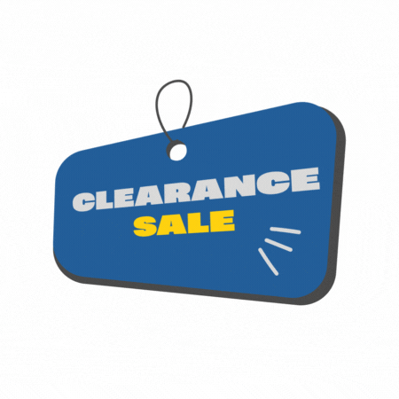 Blue clearance sale tag promoting last chance discounts on discontinued products.