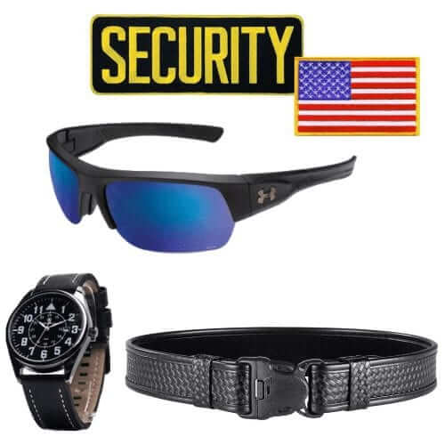 Security accessories including sunglasses, a watch, a belt, and an American flag patch for professionals.