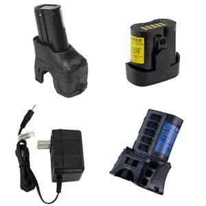 Collection of EDW/CEW batteries and charger for stun guns and less-lethal devices, ideal for law enforcement and security professionals.