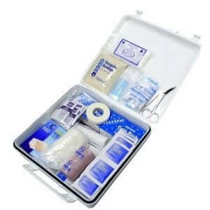 Open first aid kit displaying essential medical supplies and bandages for emergency preparedness.