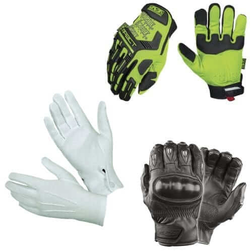 Diverse collection of tactical and protective gloves in various styles and colors for law enforcement and outdoor activities.