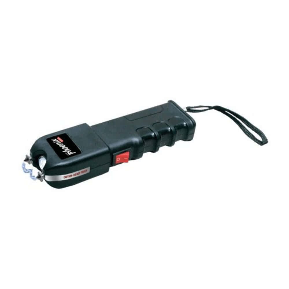 Compact stun gun with safety features and a handy wrist strap for personal protection.