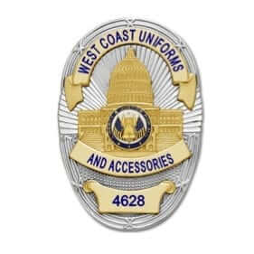 West Coast Uniforms badge featuring a gold emblem and detailed design, perfect for police and security uniforms.