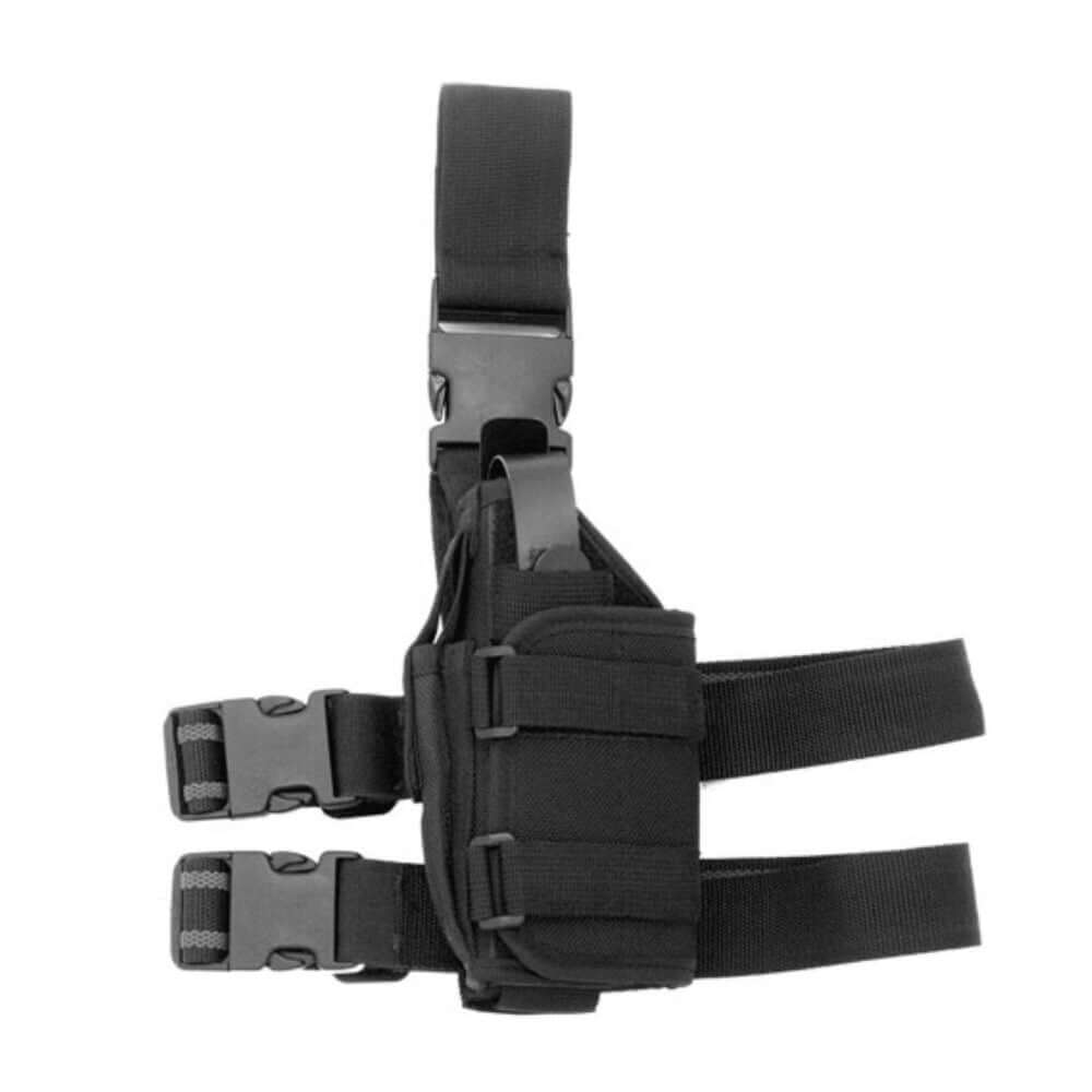 Tactical black holster with adjustable straps for secure gear carrying, ideal for outdoor and military use.