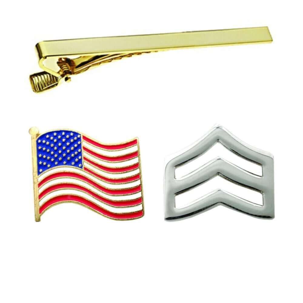 Gold tie clip and military rank insignia with American flag pin, representing pride and service.