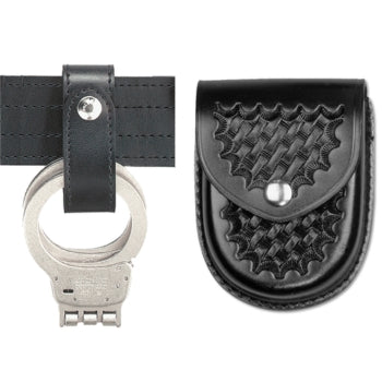 Handcuff and leather pouch showcasing durable tactical duty gear for law enforcement professionals.