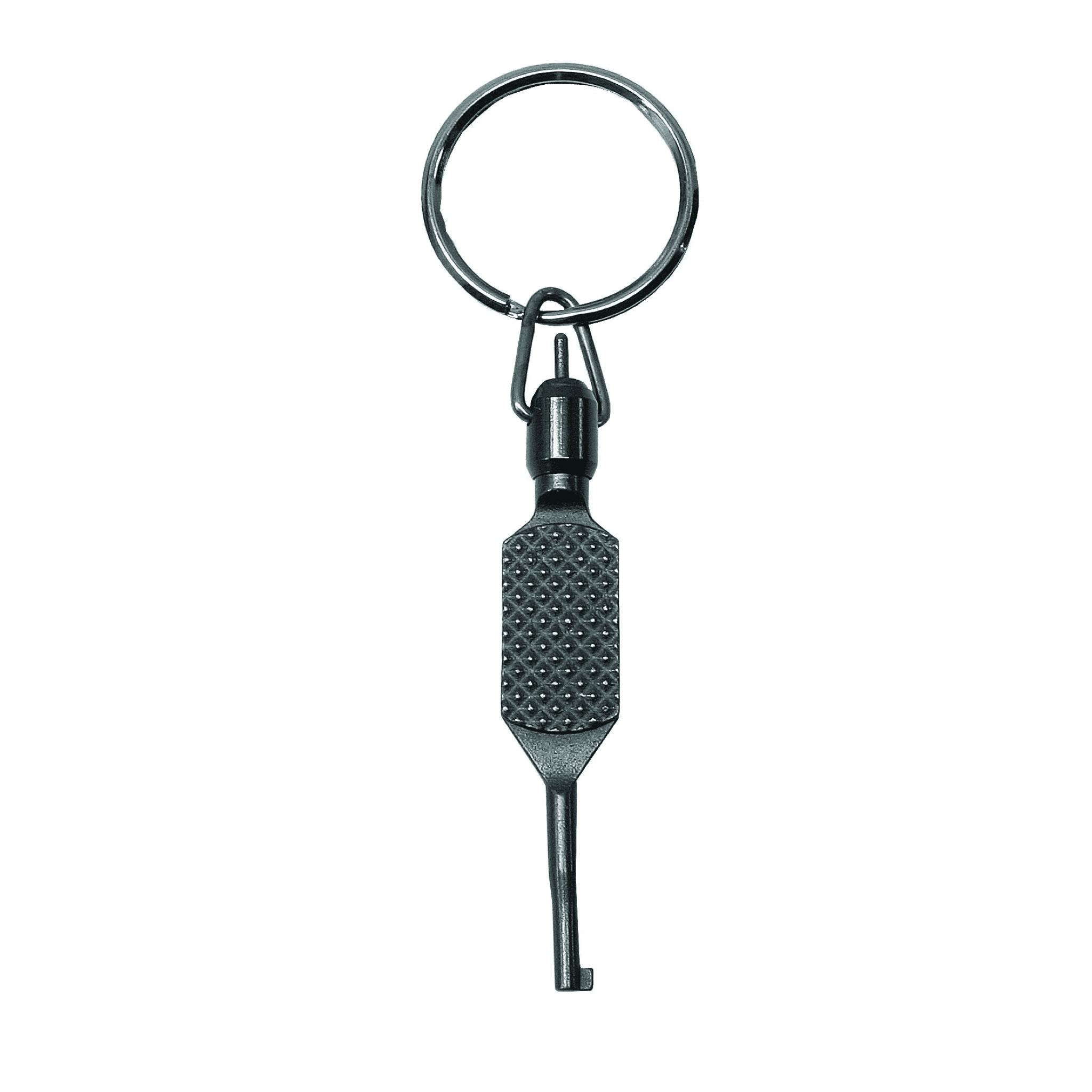 Black handcuff key on a keyring, ideal for tactical duty gear and law enforcement use.