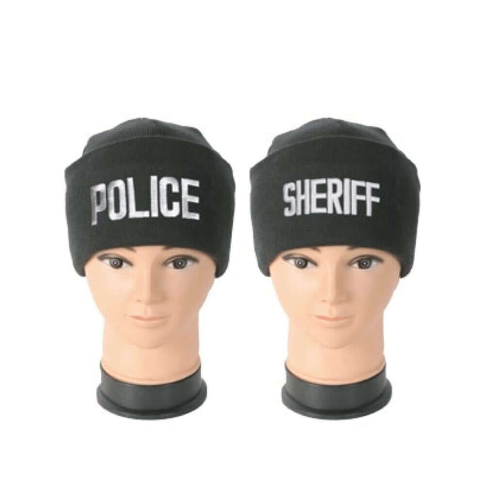 Black beanie hats labeled "POLICE" and "SHERIFF" displayed on mannequin heads for cold weather headwear collection.