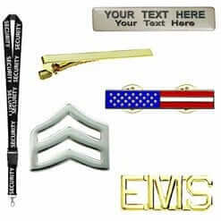 Various nameplates, pins, and lanyards including security and EMS designs for personalized identification options.