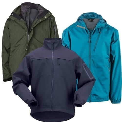 Trio of versatile jackets in green, blue, and navy for law enforcement and security professionals.