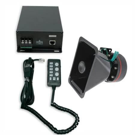 Siren and speaker system set with control box, remote, and horn designed for vehicles like police cars and tow trucks.