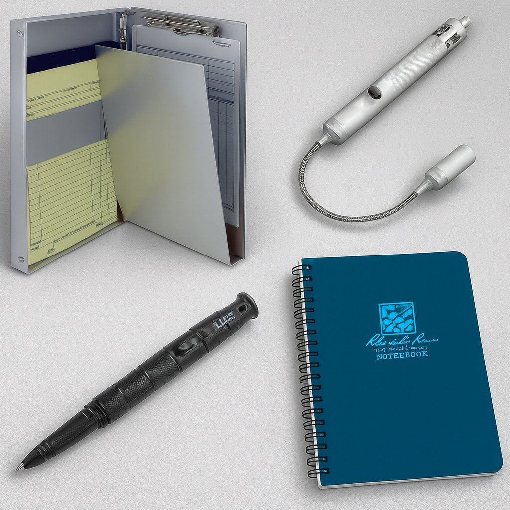 Notepads, clipboards, and tactical pens for organized note-taking and efficient work.