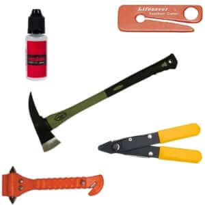 Collection of other blades and accessories including tools, axe, scissors, and lubricant for optimal performance.