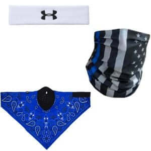 Stylish headwear accessories including a white headband, blue bandana, and striped face mask for versatile fashion.