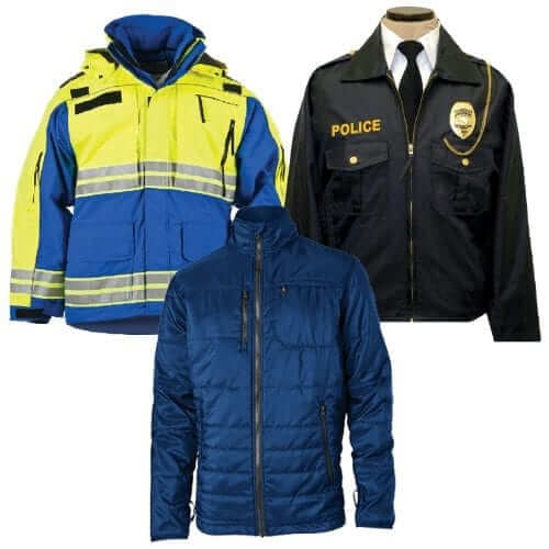 A variety of high-quality outerwear including a reflective safety jacket, a police uniform coat, and a navy insulated jacket.