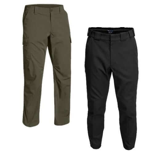 Pair of durable cargo pants in olive green and sleek black, perfect for style and comfort from WCUniforms.