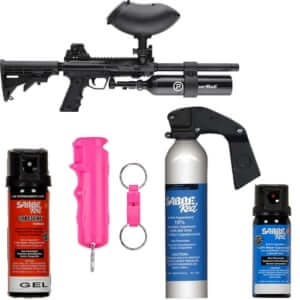 Array of pepper spray products including gel and aerosol, a keychain, and a paintball marker for self-defense.