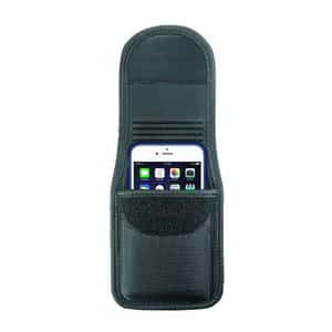 Black phone holder with a pocket for easy access, securely fitting a smartphone inside. Perfect for convenience and style.