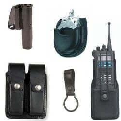 Various tactical duty gear pouches including baton holder, holster, and radio holder designed for professionals.