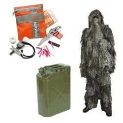 Essential prepper gear including survival kit, camouflage suit, and water container for emergency readiness.