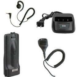 Radio accessories including earpiece, charger, battery, and microphone for enhanced communication.