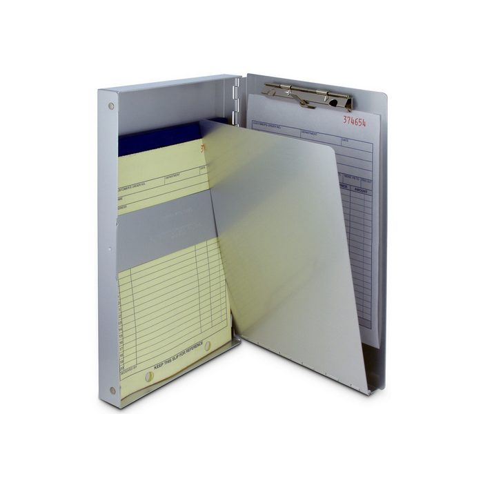 Silver clipboard folder with papers inside, ideal for organizing documents and notes in a professional setting.