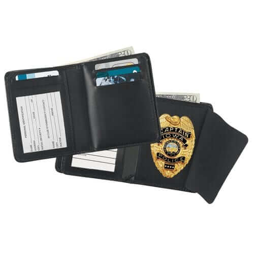 Black leather wallet with police badge and cards, featuring multiple compartments for IDs and cash.