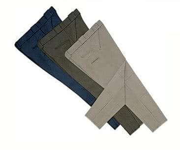 Three pairs of stylish pants in navy blue, olive green, and beige laid out neatly for a chic fashion collection.