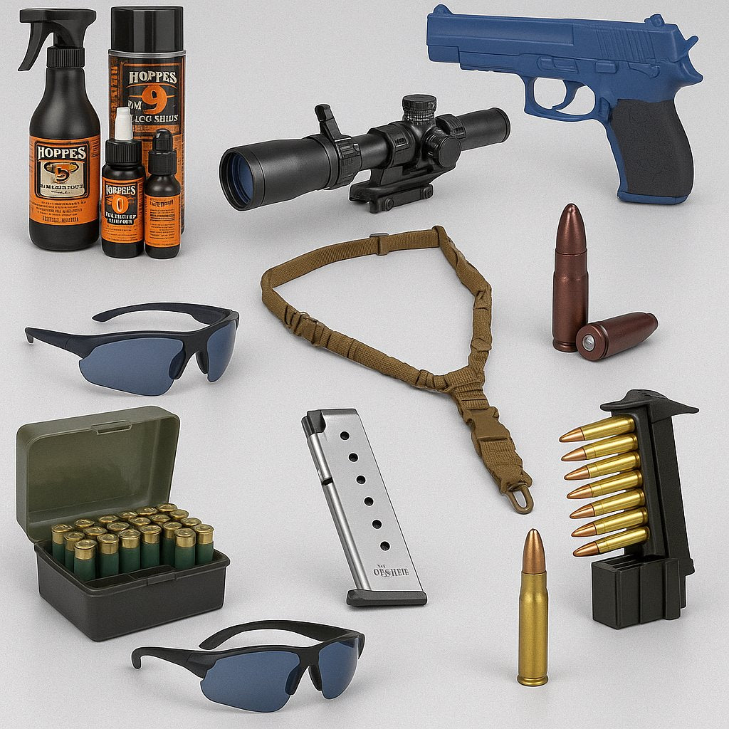 Collection of essential shooting accessories including cleaning kits, scopes, holsters, and ammunition for law enforcement use.