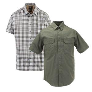 Two short sleeve shirts: one plaid and one solid green, perfect for casual wear or outdoor activities.