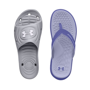 Under Armour flip-flops and slides in gray and purple, perfect for comfort and style during sunny adventures.