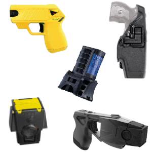 Collection of stun guns and accessories including Taser models and cartridges for effective self-defense.