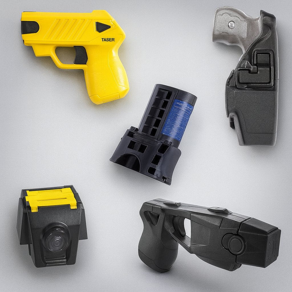 Collection of stun guns and accessories including Taser models and cartridges for effective self-defense.