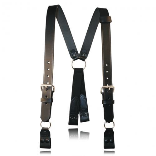 Stylish black leather suspenders with adjustable straps and metal accents for a modern look. Perfect for any outfit.