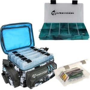 Evolution Outdoor tackle box with organizer trays and clear storage bags for convenient fishing gear storage.